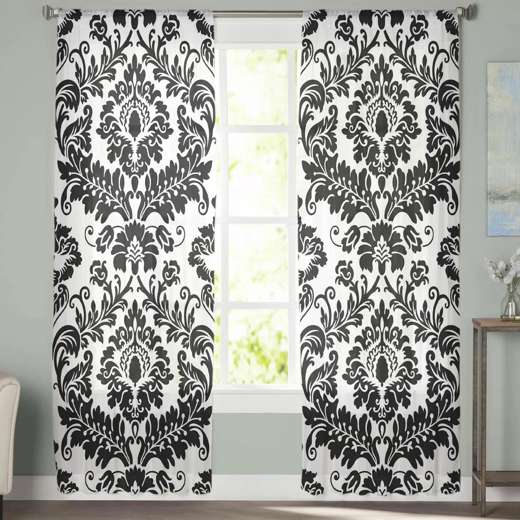 Black And White Pattern Baroque Curtain Tulle Decorative Sheer Curtains for Living Room Bedroom Kitchen Hotel Home Window Panels