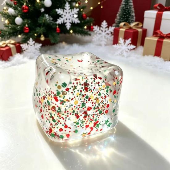 Christmas Party Favors Ice Cube Squeeze Toy, Slow Rising TPR Fidget Toy Adult Stress Relievers with Glitter Flow, Cute Holiday Decompression