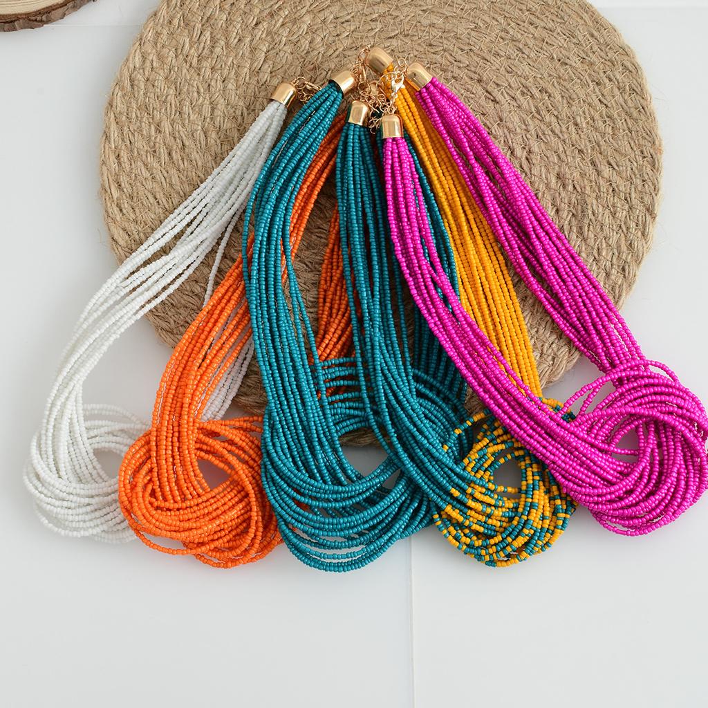 Collier Bohème Ethnique Multicouche Bloc de Couleurs Perles de Riz