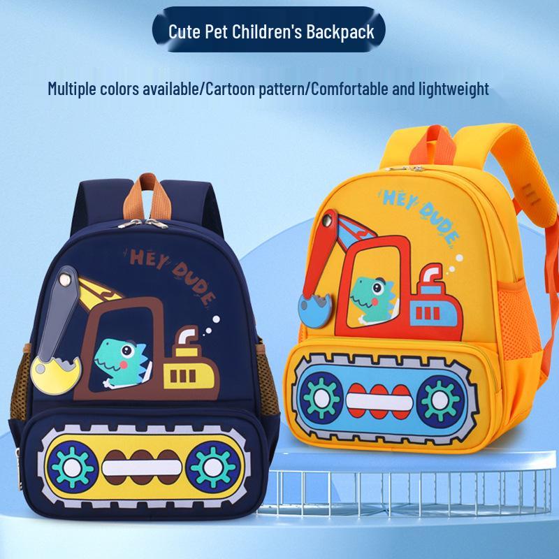 Cartoon Excavator Kindergarten Backpack for Boys & Girls - Cute Double-Shoulder Bag for Toddlers blu