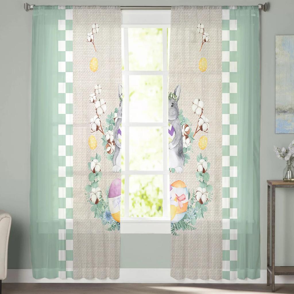 Ostern Plaid Bunny Eier Kaninchen Tüll Vorhänge für Wohnzimmer Schlafzimmer Voile Sheer Vorhang Fenster Wohnkultur Vorhänge
