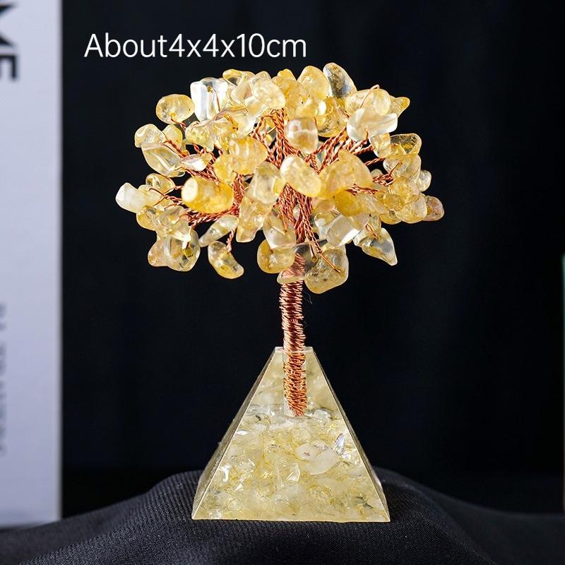 Natural Crystal Chip Money Tree Resin Pyramid Base Home Living Room Decor Ornament Desk Feng Shui Wealth Gift Idea Decoration