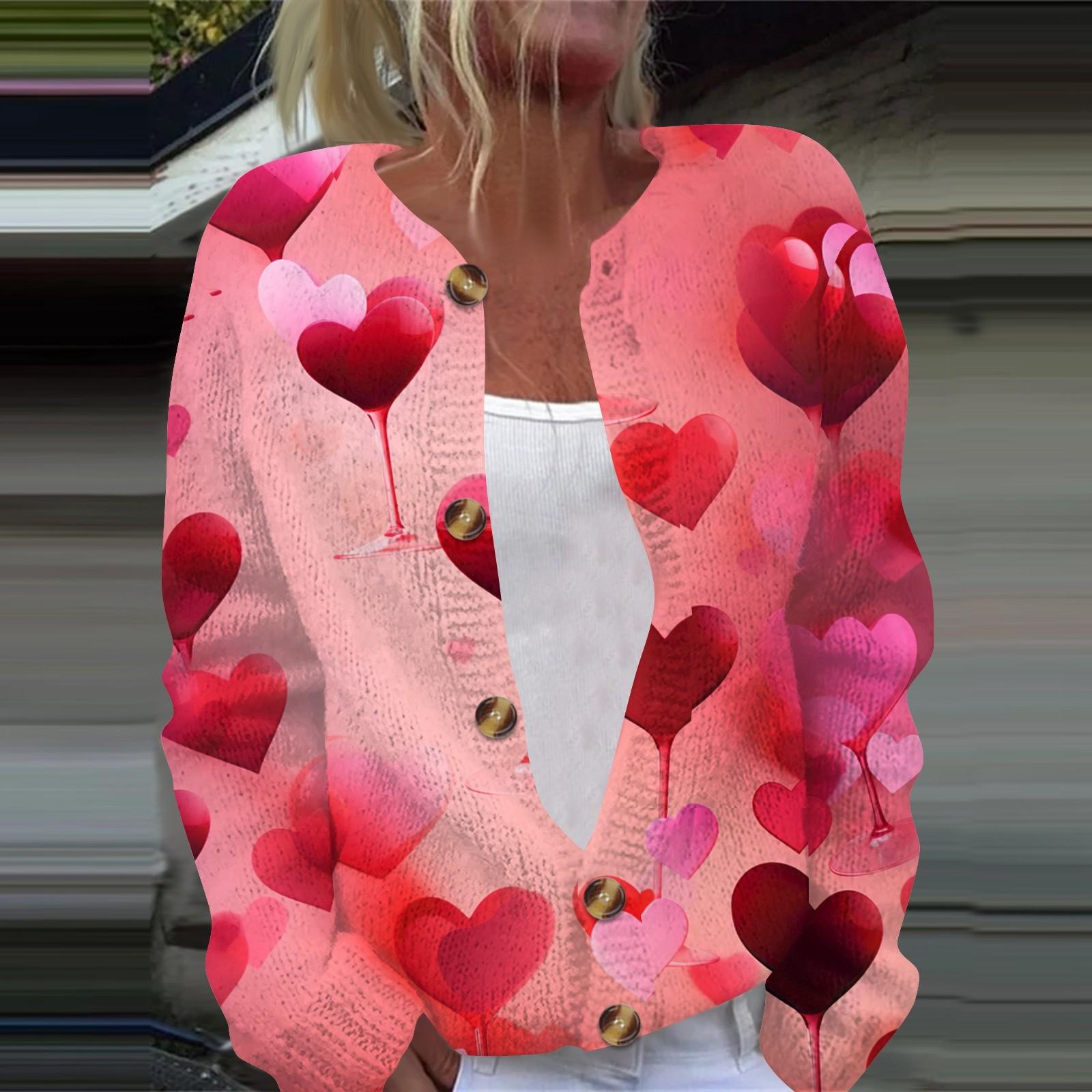 

Женская мода День святого Валентина Сердце Принт Длинный рукав Вязаный кардиган Куртка на пуговицах XXXXL
