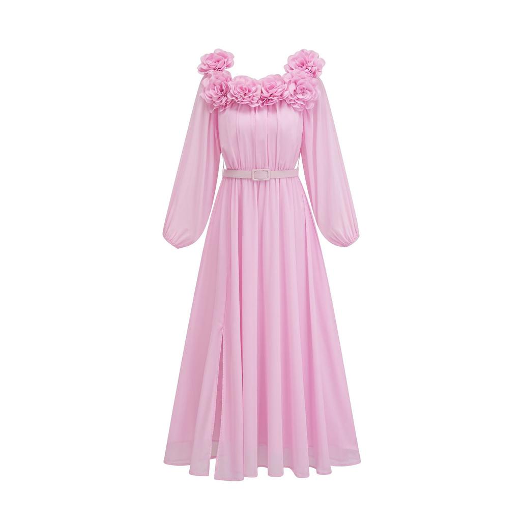 Elegant Long Skirt Pink Ruffled Dress New French Fashion Women's Dress