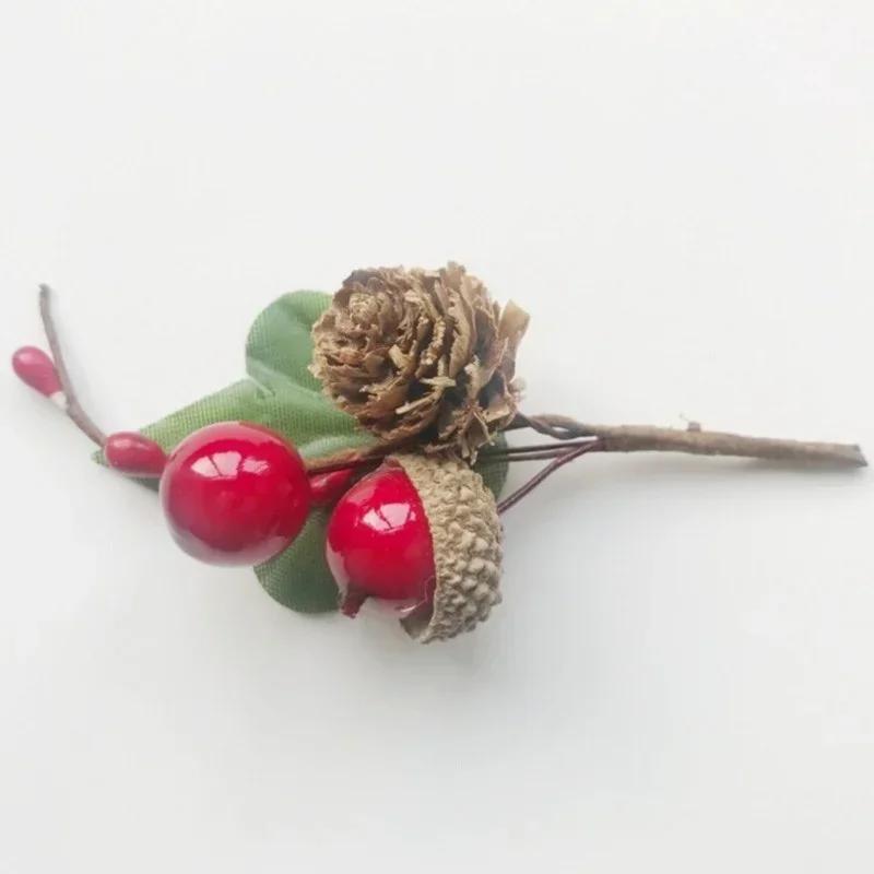 5pcs/set Christmas Red Berry Pine Cone Branches Artificial Flowers for Holiday Decoration Greeting Card Dining Table Accessories