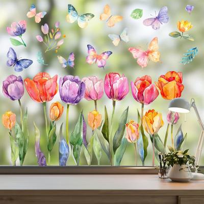 Floral Window Sticker Sheet Vibrant Color Tulip Butterfly Design PVC Glass Film Decal Living Room Kitchen Office Decor