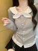 Autumn Winter Slim Spicy Girl Miu Style Gray Polka Dot U-Neck Long Sleeve Two-Piece Look T-Shirt