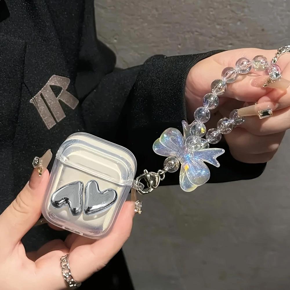 Silver Three-dimensional Love Protective Cover, Suitable for AirPods Pro with Bow Hanging