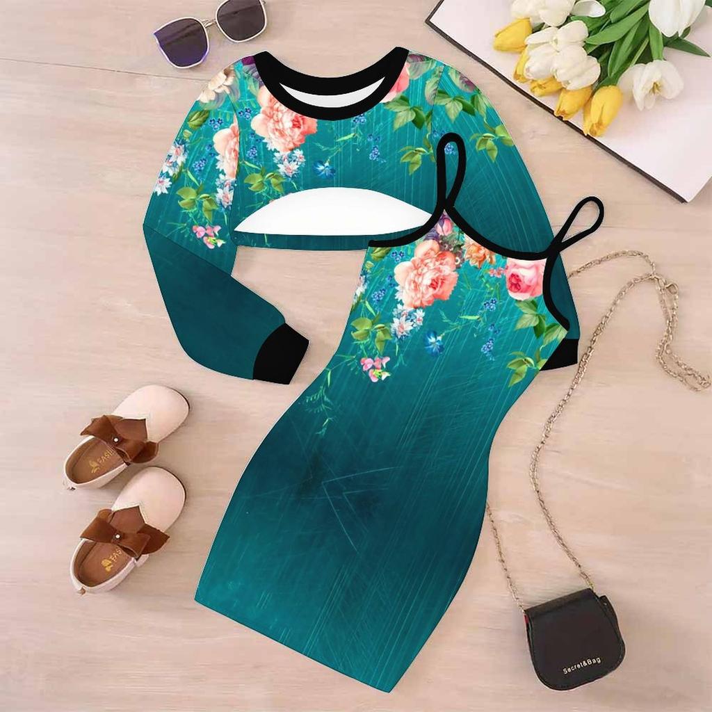 Girls Cartoon 2 Piece Outfits, Long Sleeve Crop Top + Spaghetti Strap Bodycon Dress, Colorful Art Print Party Dress Set