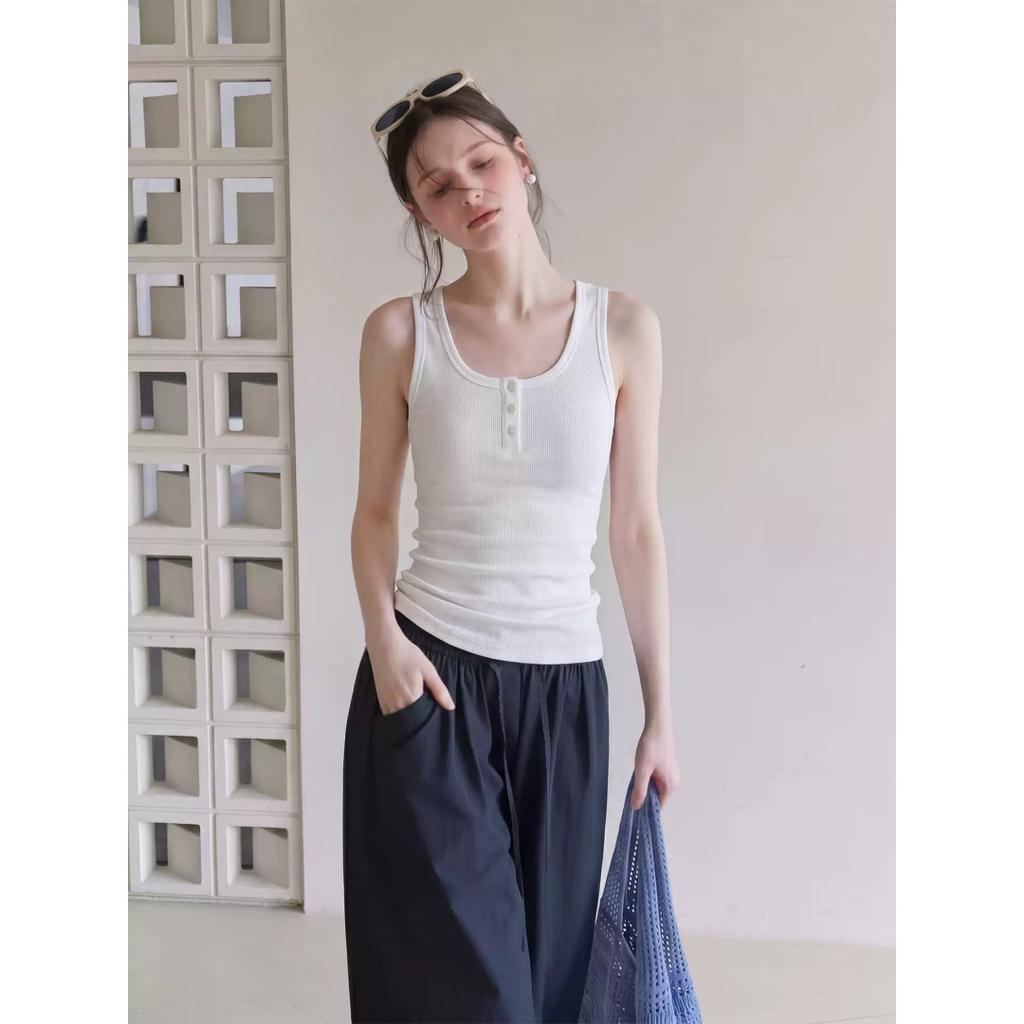 Henry collar three-button slim-fitting u-neck sling vest women's summer design sense versatile and thin sleeveless outer top