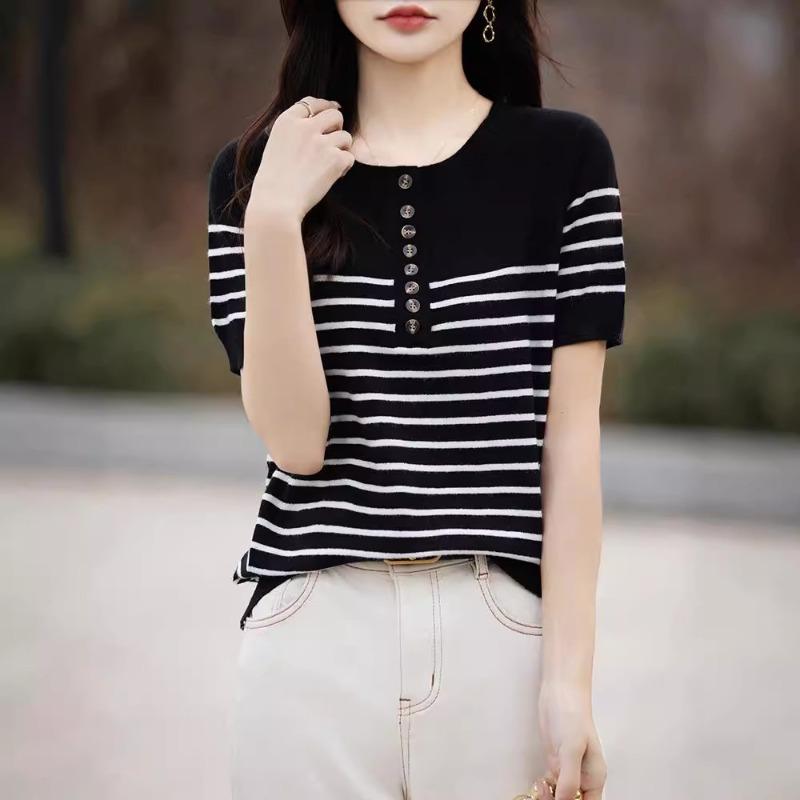 Summer fashion loose striped short-sleeved T-shirt women's contrasting color half-open neck knitted half-sleeved women's top