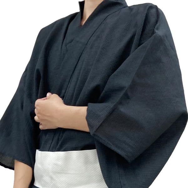 Kyoto Kimono Yuzen Men's Two-Piece Yukata Set, Black Shijira Weave Cotton, One-Touch Square Obi, Ink Black (Vertical Stripes), Size M