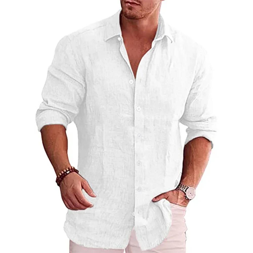 Men s Cotton Linen Autumn Hot Long-sleeved Shirt Solid Colour Versatile Casual Resort Style Men s Shirt Tops XS белый