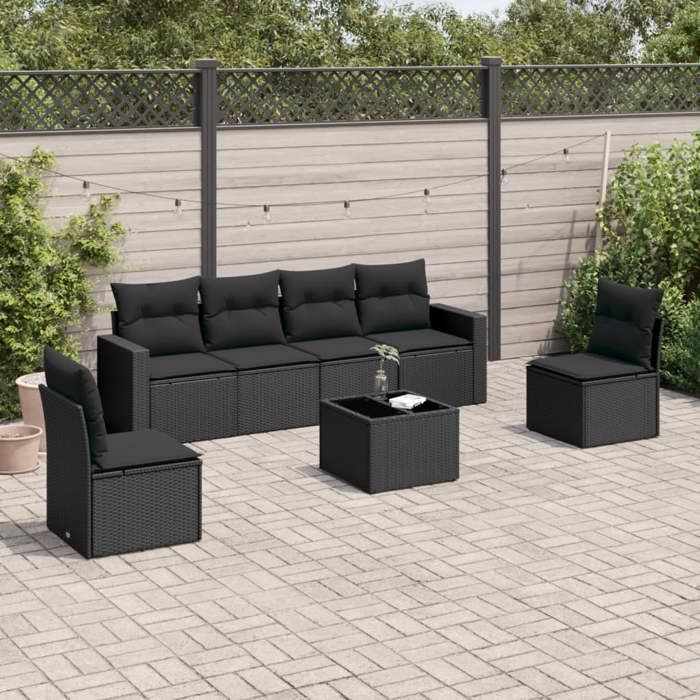 VidaXL Salon de jardin 7 pcs avec coussins noir résine tressée 3218805