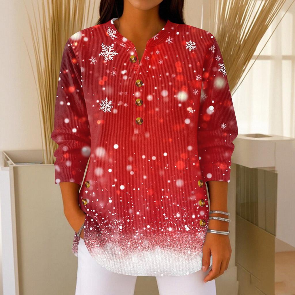 Women's Fashionable Button Collar Long-sleeved Christmas Print Pullover Top