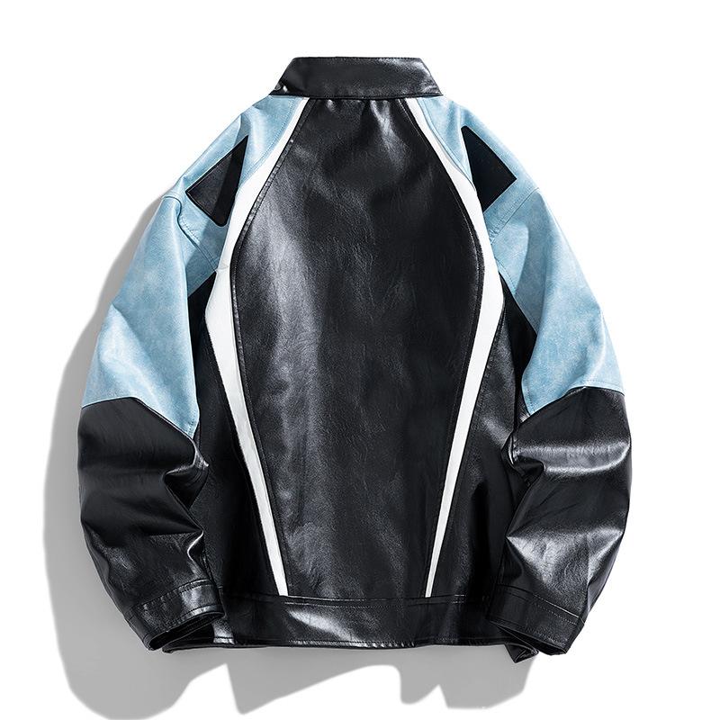 American Casual PU Leather Jacket for Men, Spring and Autumn New Stand-up Collar Motorcycle Jacket, Handsome and Trendy Jacket for Men