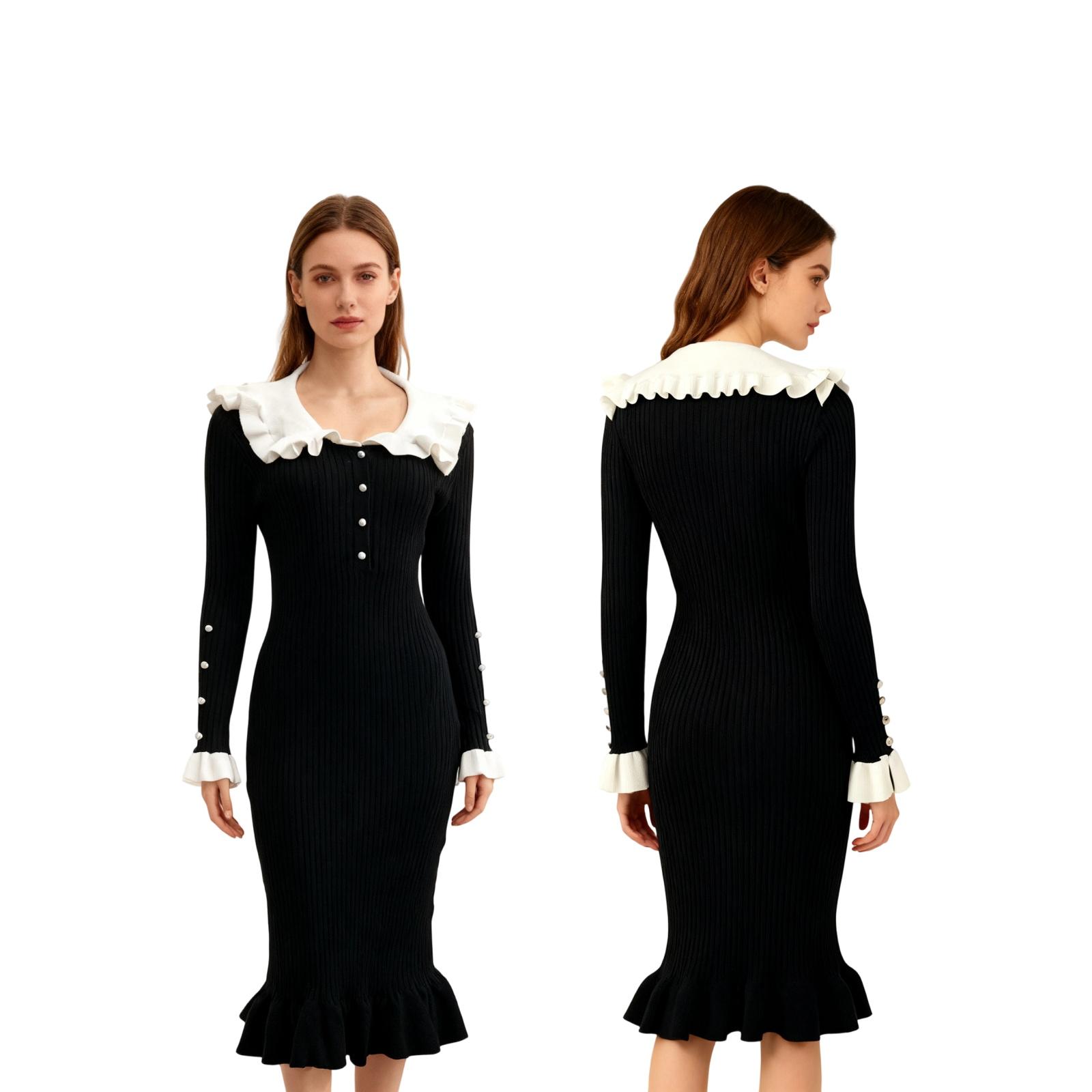 

French Skirt Ruffle Edge Dress Knitted Skirt And Winter New Woolen Dress XS чорний