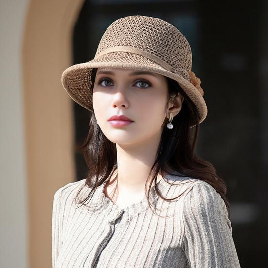 Women Basin Hat Flower Bow Decor Wide Brim Summer Bucket Hat Face-Slimming Outdoor Travel Beach Hat Headwear