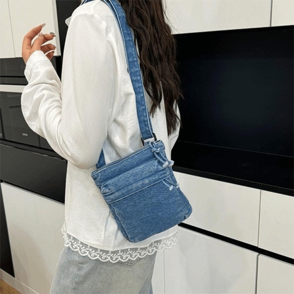 Large Capacity Canvas Crossbody Bag Zipper Closure Messenger Bag Denim Shoulder Bag  Office Use