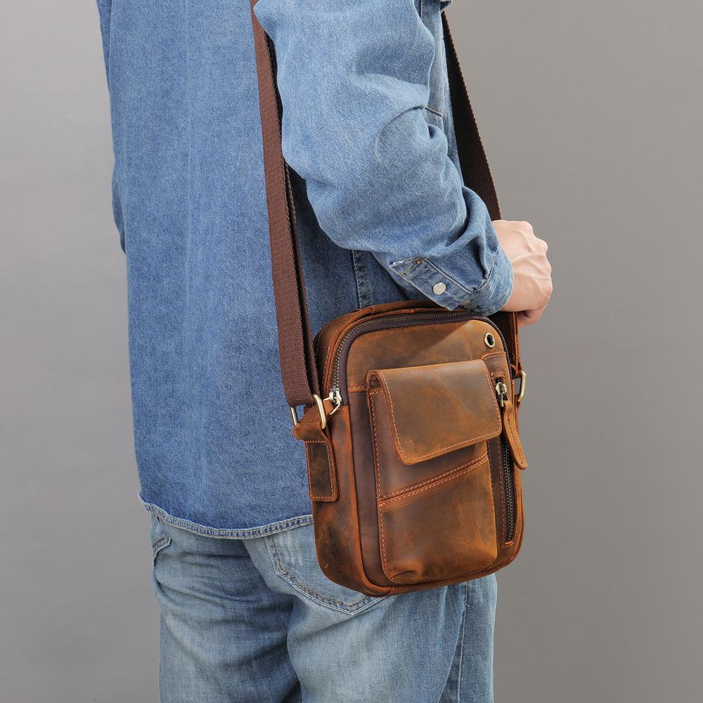 New Crazy Horse Leather Men's Bag Leather Vertical Men's Shoulder Bag Phone Small Bag Earphone Hole Small Men's Cross Shoulder Bag