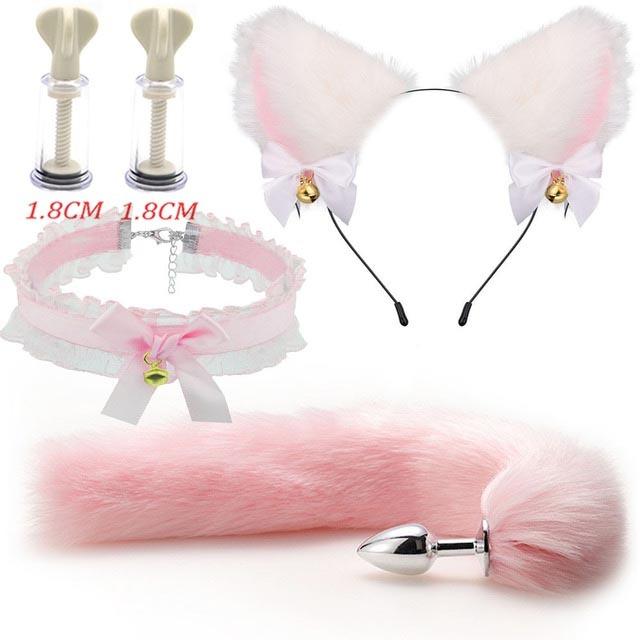 SM Erotic Cosplay Cute Fox Tail Anal Plug Bow-Knot Soft Cat Ears Headbands Collar Couples Accessories Sex Toys For Female Male