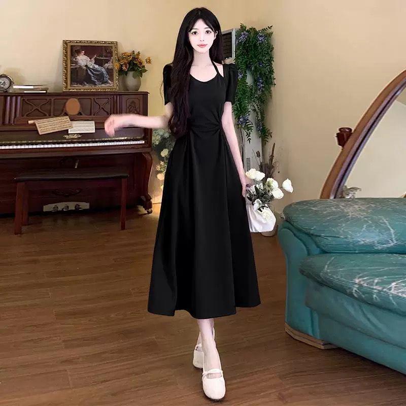 Elegant French Summer Plus Size Slimming Dress - Two-Piece Design with Waist-Cinched Long Skirt