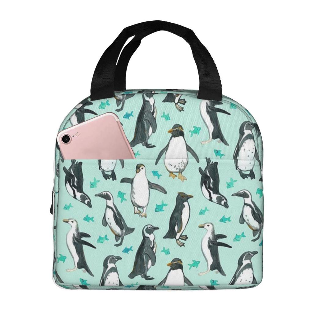 Viele kleine Pinguine auf Minzfarbener isolierter Lunchtasche für Damen Kinder Tragbare Lebensmittelboxen Thermische Lunchbox Tragetasche
