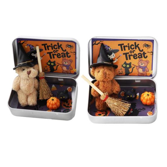 Halloween Bear In A Box Handmade Cute Witch Bear In A Tin for Trick or Treat Miniature Plush Bear with Broom Pumpkin Cat Halloween Party Gift