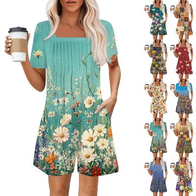 Women's Fashionable And Casual Short-sleeved Pleated Pocket Jumpsuit Printed Jumpsuit Shorts