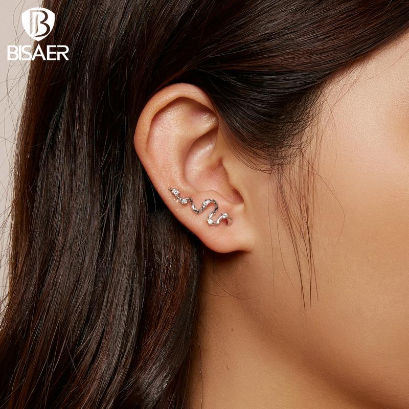 Bisaer 925 Sterling Silver Simple Texture Line Ear Hook Earrings for Women Cute Jewelry Gift