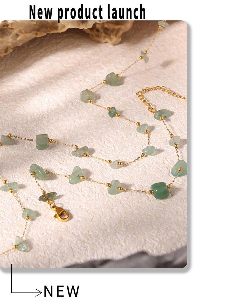 Natural Green Stone & Stainless Steel Collarbone Necklace and Bracelet Set