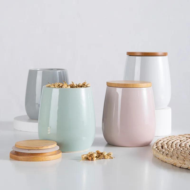 Modern Minimalist Ceramic Wooden Lid Sealed Jar Kitchen Storage Supplies Storage Jar Miscellaneous Grains Coffee Tea Food Jars