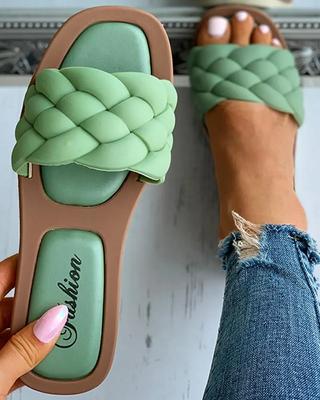 Mode Sommer 2024 Trend Geflochtene Hausschuhe Damen Flache Outdoor Web-Pantoletten Gummisohle Offene Zehen Strand Freizeit Sandalen Damen Bequeme Schuhe