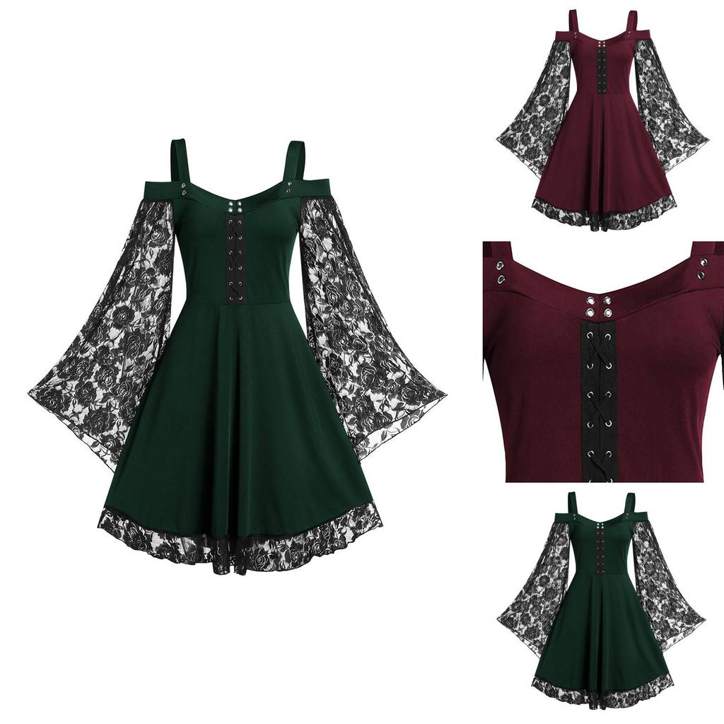 Elegant Floral Lace Women's Fancy Dress With Flared Sleeves Ideal For Costume Parties And Birthdays