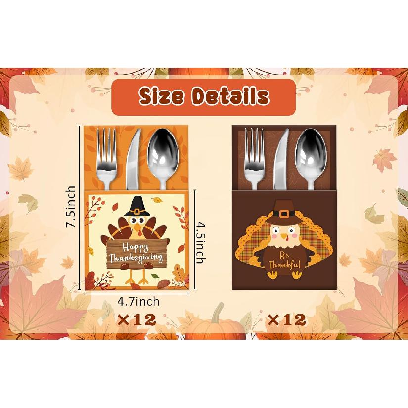 24PCS Thanksgiving Cutlery Holders Set Happy Thanksgiving Turkey Utensil Fall Utensil Holder Turkey Utensils Decor for Autumn Fall Harvest Party