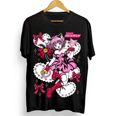 Trendy Summer Unisex Ichigo Momomiya Graphic T-shirt, Black White Tokyo Mew Mew Cosplay Harajuku Anime Top Women And Men T-shirt