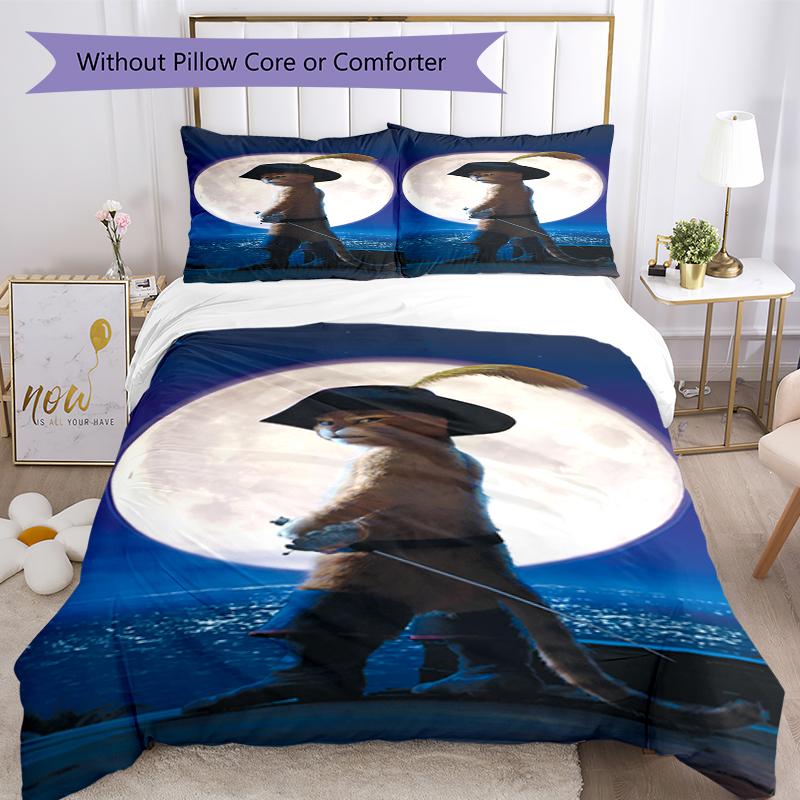 3pcs Puss In Boots Bedding Set Duvet Cover Closure Includes 1 Duvet Cover & 2 Pillowcases, Soft and Comfortable for All Seasons.