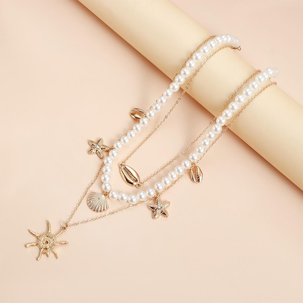 Beach Style Starfish Pendant Necklace Holiday Travel Shell Necklace Layered Choker Chain  for Women