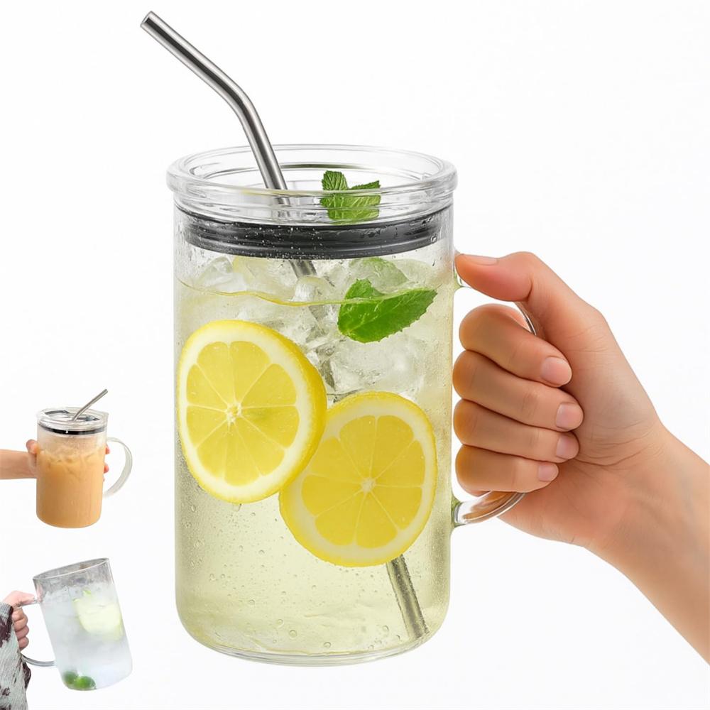 1pc Large Glass Cups with Lids and Straws 1000ML Reusable Iced Coffee Tumbler for Hot & Cold Drinks Smoothies, Tea, Juice