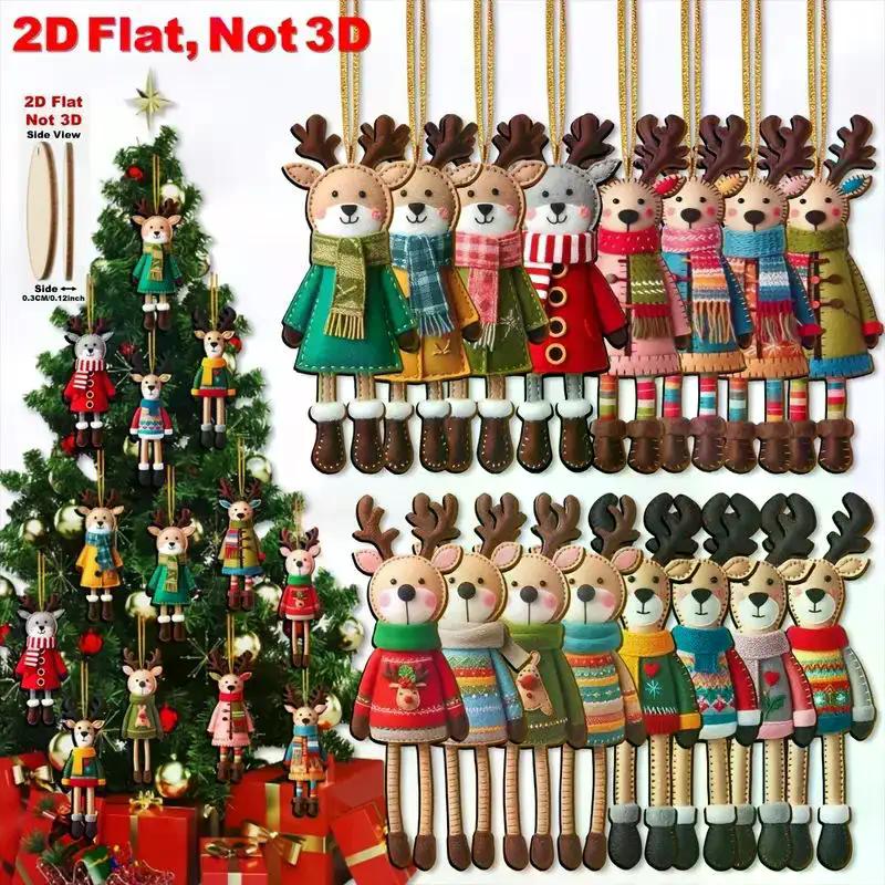 16Pcs 2D Colorful Christmas Reindeer Wooden Pendant Ornament Cartoon Christmas Tree Hanging Decoration For Home New Year Gift