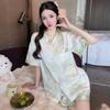 Summer Small Fresh Matcha Green Texture Printed Pajamas Women'S Fashion Short-Sleeved Shorts Set Outer Wear