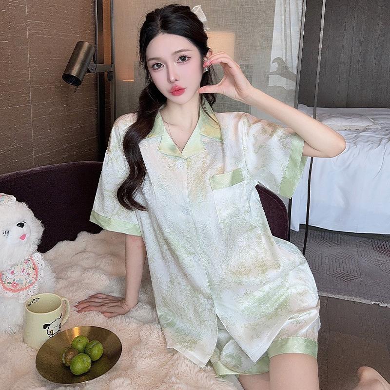 Summer Small Fresh Matcha Green Texture Printed Pajamas Women'S Fashion Short-Sleeved Shorts Set Outer Wear
