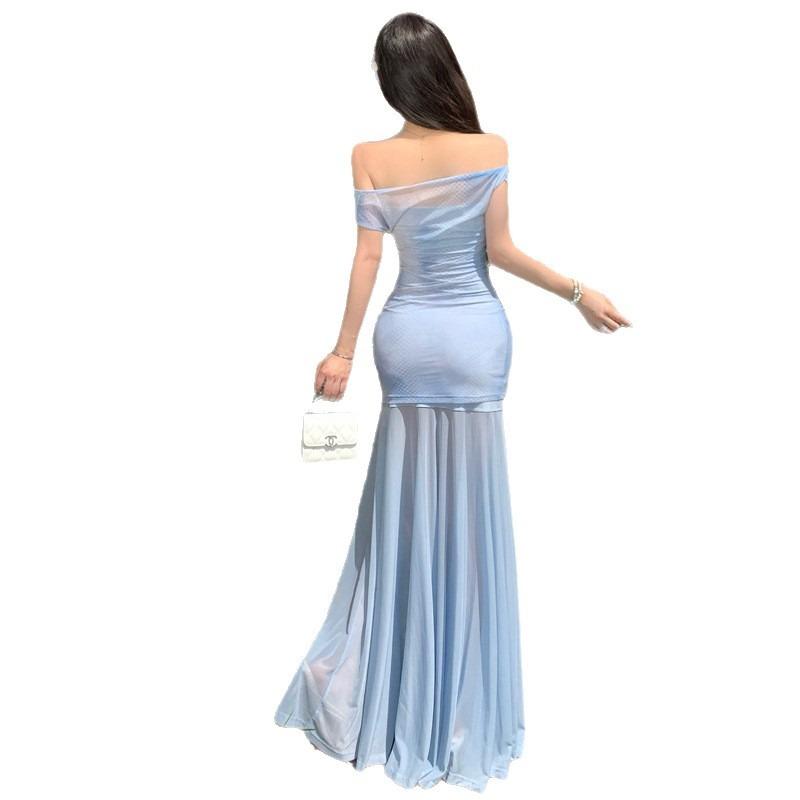 French Beautiful Blue Slanted Shoulder Dress Women's Summer Seaside Vacation Slim-fitting Sexy Hot Girl Hip-wrapped Dress