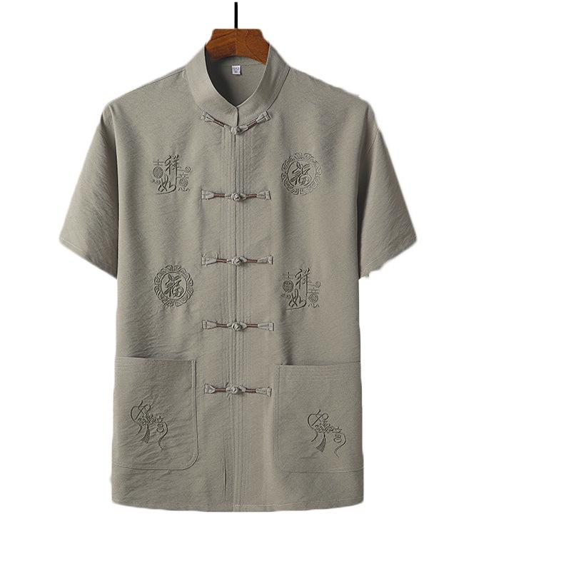 Men's Spring/Summer Tang Suit - Chinese Style Grandpa Shirt for Middle-Aged & Elderly, Thin Hanfu Dad Set