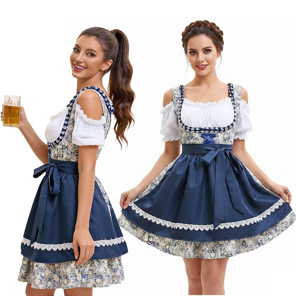 Stroje Oktobertfest dla Kobiet Sukienki Kostiumy Kelnerki Bawarskie Sukienki Dirndl Bufiaste Rękawy Zestaw do Obsługi Pubu Ubrania na Festiwale i Imprezy