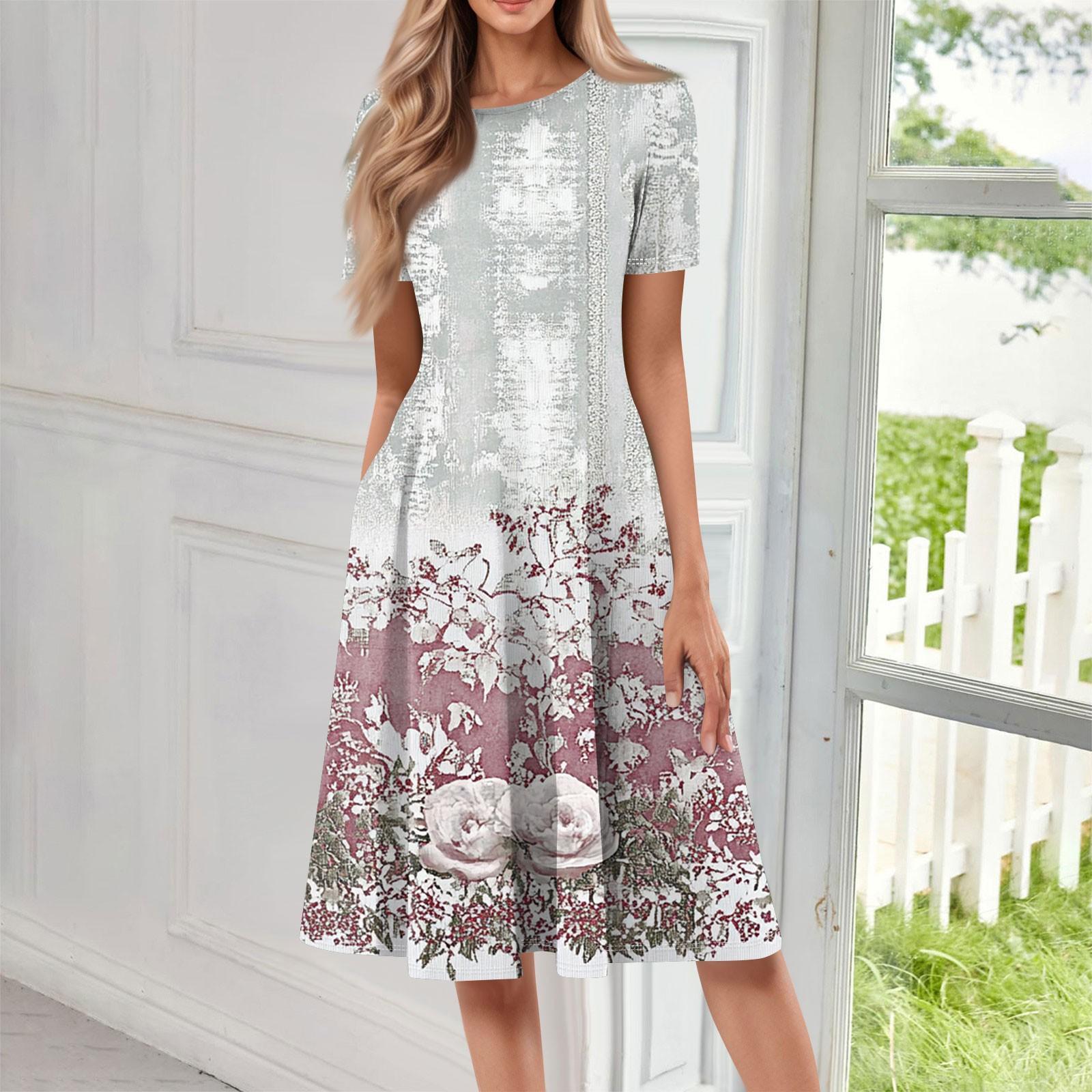 

Женское свободное повседневное и модное платье с круглым вырезом и короткими рукавами, средней длины с принтом L