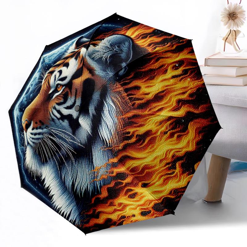 Flaming Tiger Emblem Outdoor Automatic Umbrella Retractable Design with 8-Rib Durability Lightweight Perfect Gift for Friends Family