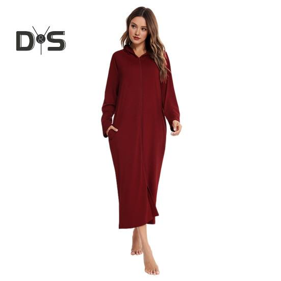 Nachthemd mit Reißverschluss für Damen, lange Ärmel, lockere, reine Farbe, mit Taschen, wadenlange Loungewear mit Kapuze, für den Alltag, für zu Hause, im Schlafzimmer