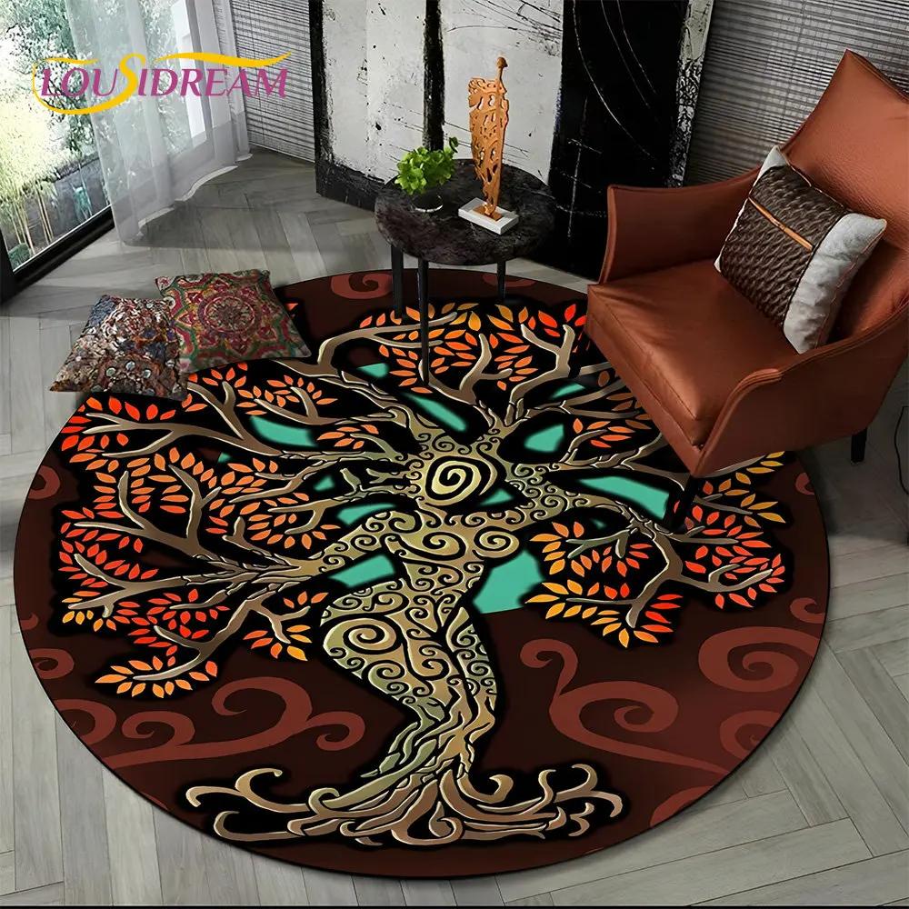 Viking Valknut Yggdrasil Tree of Life Round Area Rug,Carpet Rug for Living Room Bedroom Sofa Playroom Decor,Non-slip Floor Mat