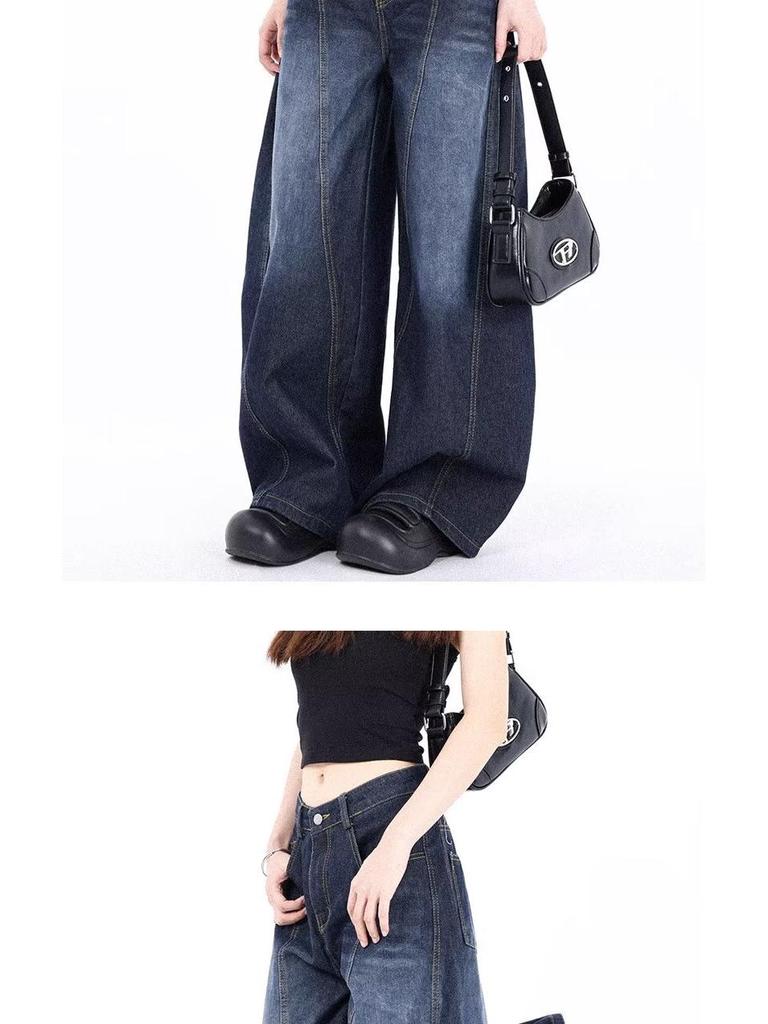 Unisex Vintage Curved-Leg Jeans, Spring/Autumn, High Street Loose Wide-Leg Floor-Length Pants